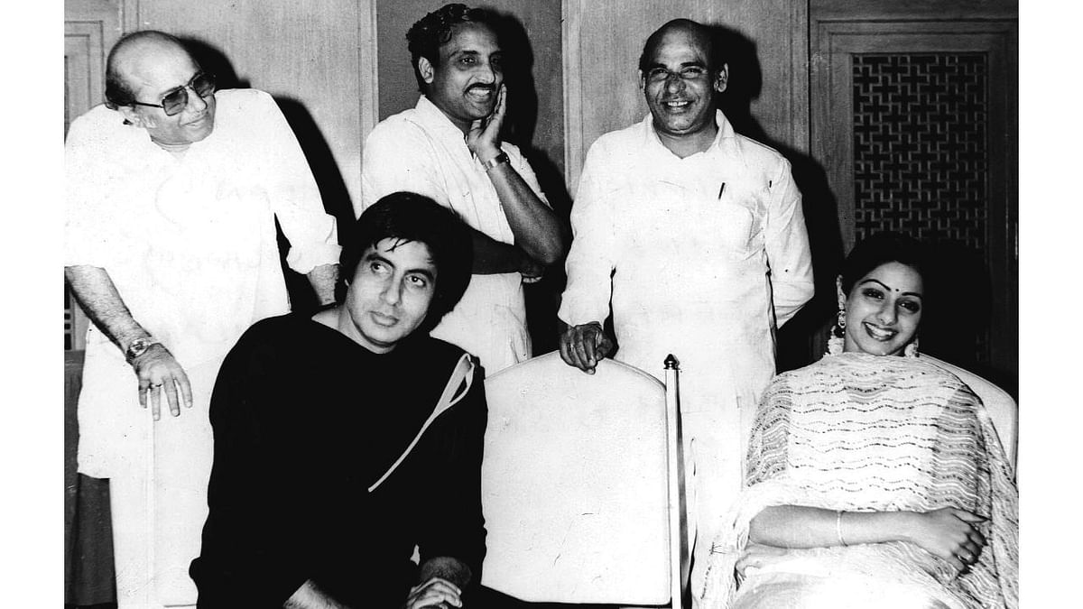 This photograph was taken during Amitabh Bachchan's visit to Bangalore for a film shoot. From left: Film director S Ramanathan, T Ramarao, film producer N Veeraswamy, Sridevi and Amitabh Bachchan. Credit: DH Photo