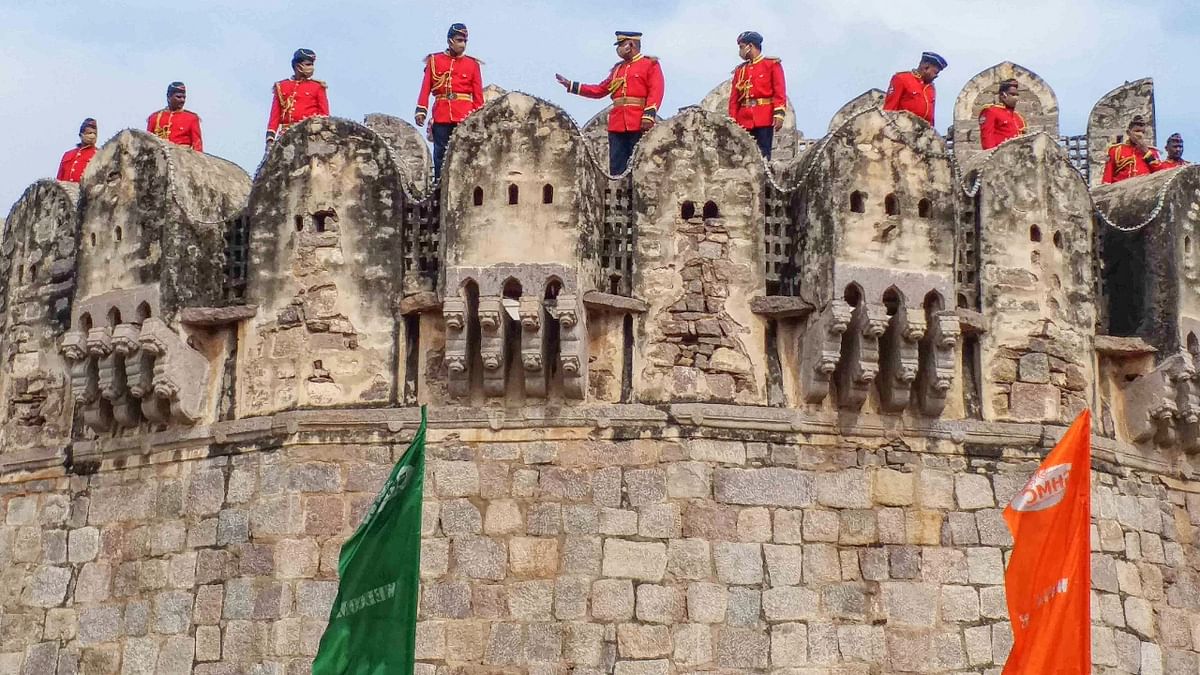 Preparation of the 75th Independence Day parade, at Golconda fort in Hyderabad. Credit: PTI Photo