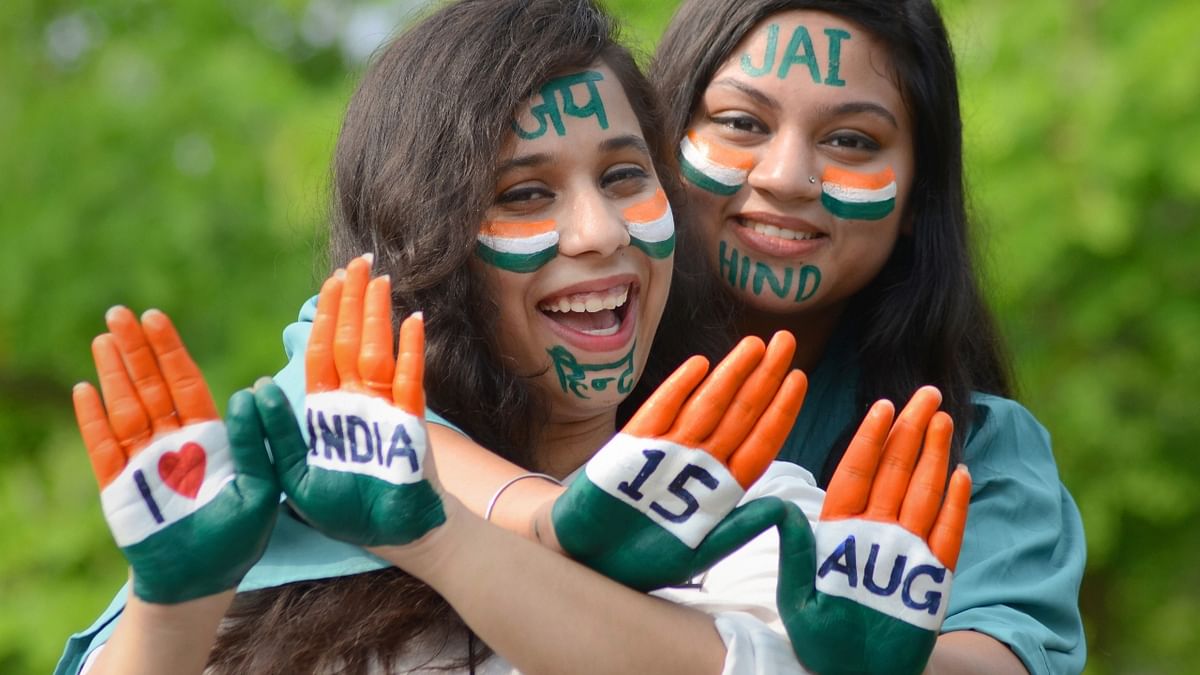 Women with their faces and hands painted in the three colours of the flag pose for photographs, ahead of Independence Day celebrations, in Amritsar. Credit: PTI Photo