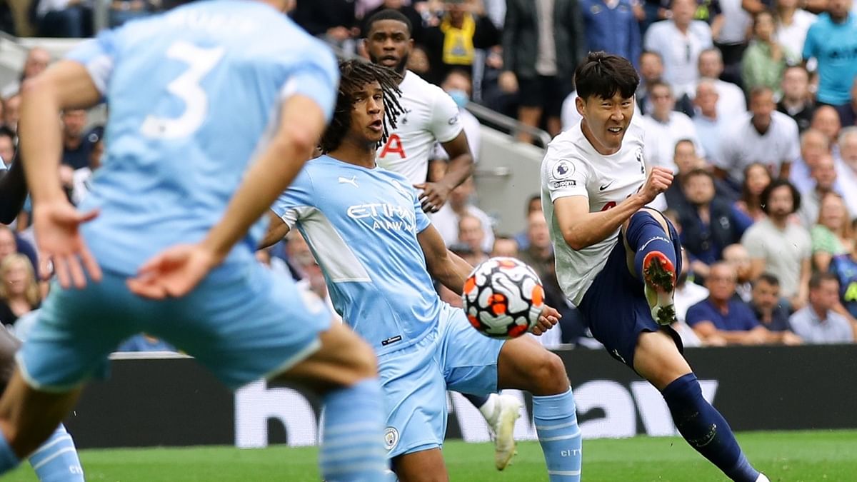 ottenham Hotspur's Son Heung-min scores their first goal against Manchester City. Credit: Reuters Photo