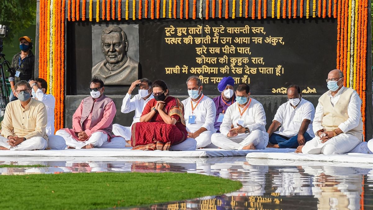 BJP leaders pay tribute to former PM Atal Bihari Vajpayee on his death anniversary, at Sadaiv Atal in New Delhi. Credit: PTI Photo