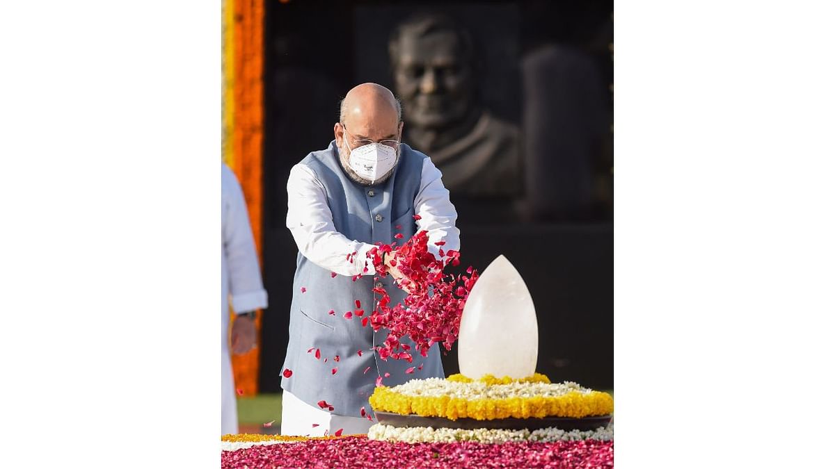 Union Home Minister Amit Shah pays tribute to former PM Atal Bihari Vajpayee on his death anniversary, at Sadaiv Atal in New Delhi. Credit: PTI Photo