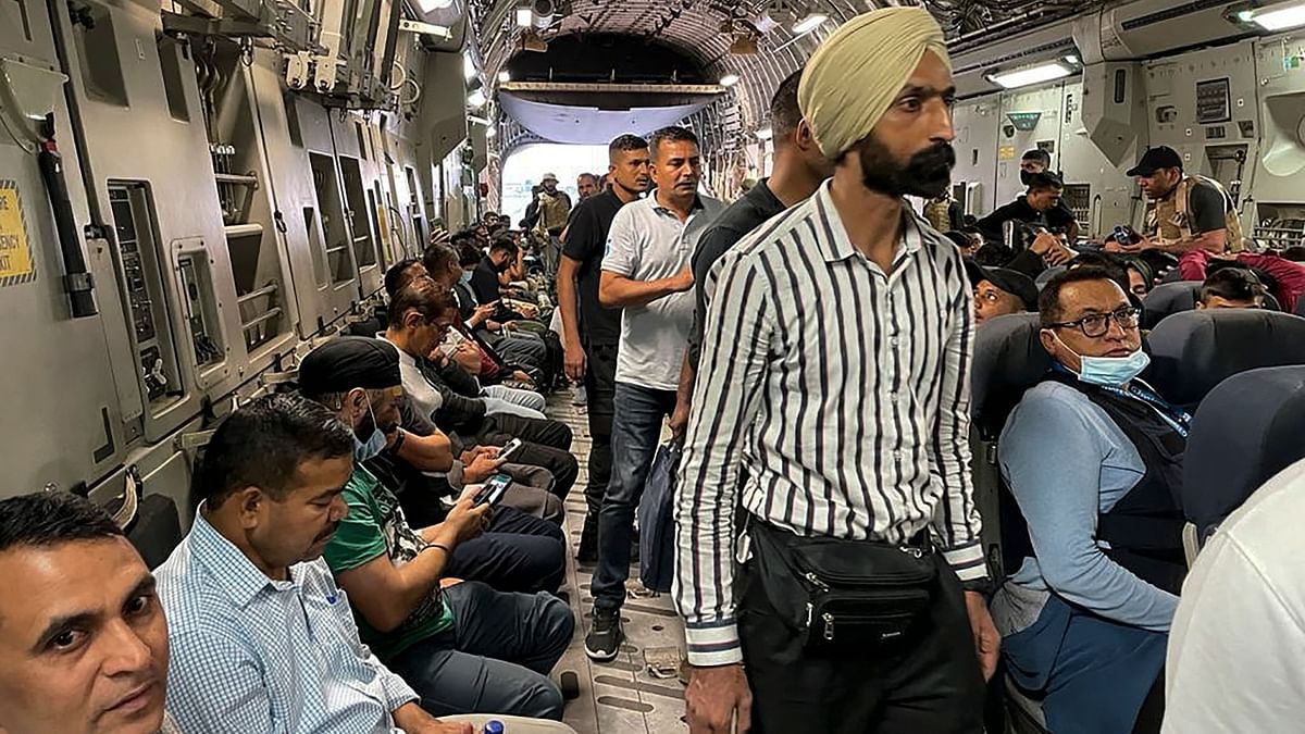 Indian military aircraft filled with Indian nationals during their evacuation from Afghanistan. Credit: AFP Photo