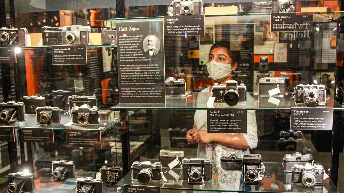 A visitor view exhibits at the Museo Camera Centre for the Photographic Arts, ahead of World Photography Day, in Gurugram, Wednesday, August 18, 2021. Credit: PTI Photo