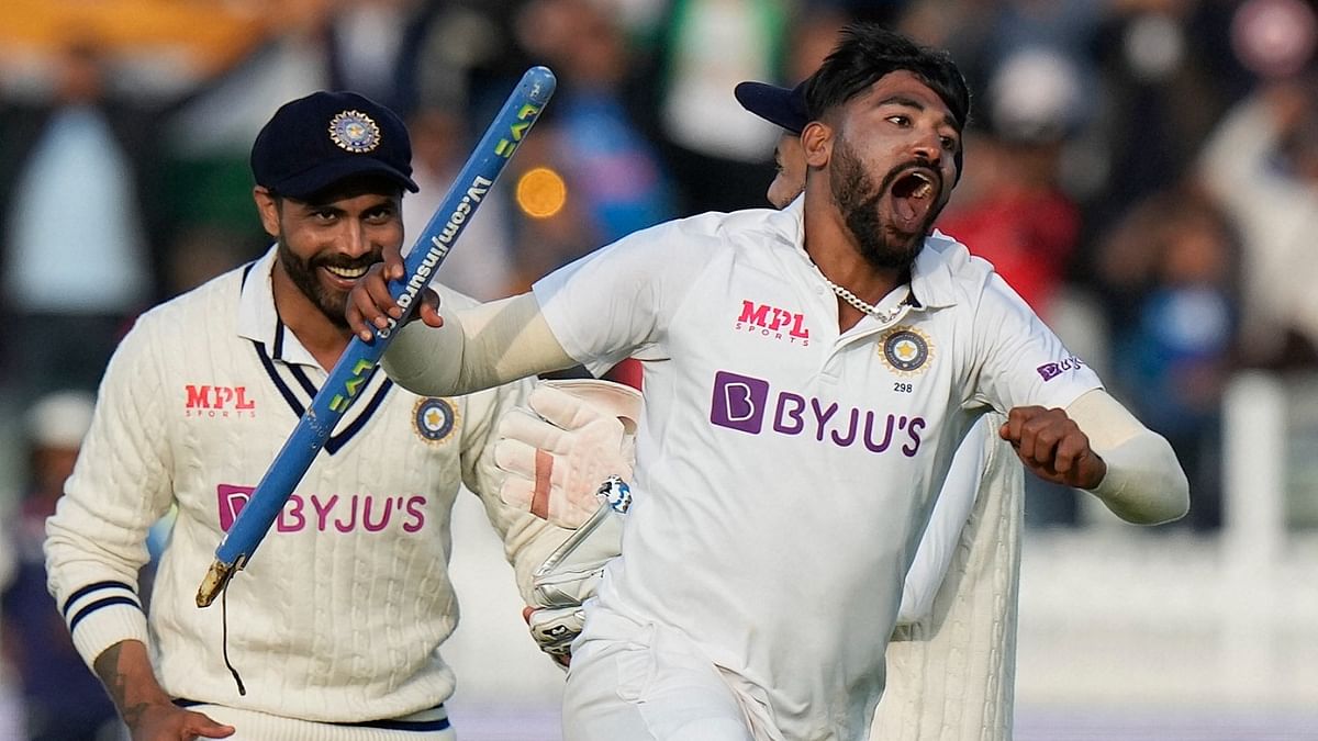 Mohammed Siraj celebrates after taking the wicket of England's James Anderson, with India winning the 2nd test at the Lord's Cricket Ground in London. Credit: AP/PTI Photo