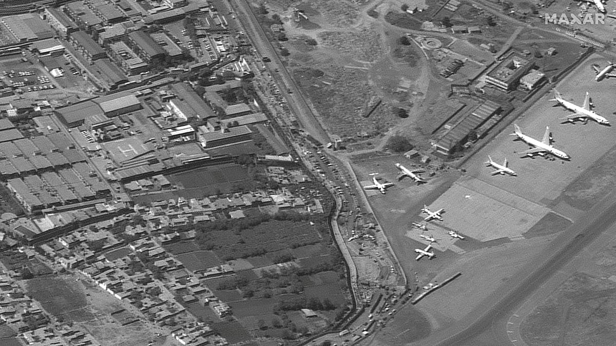 Thousands of people, desperate to flee the country, are still thronging the airport even though the Taliban have urged people without legal travel documents to go home and these satellite photos taken from space show the frantic evacuation efforts at Kabul airport in Afghanistan. Credit: Reuters Photo