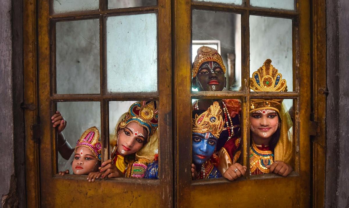 Children dress up as Radha and Krishna on the 'Janmashtami' festival in Kolkata. Credit: PTI Photo