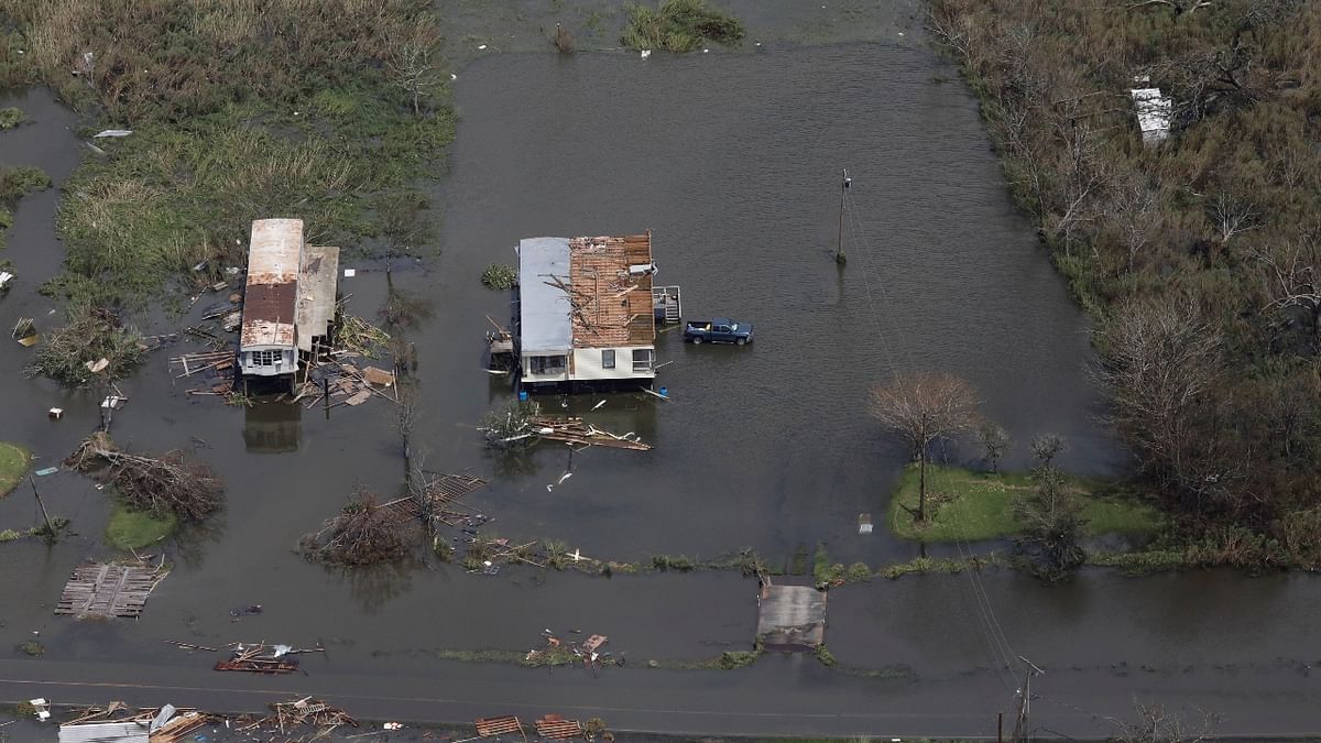 An aerial view shows destroyed houses in a flooded area after Hurricane Ida made landfall in Louisiana, in Montegut, Louisiana, US. Credit: Reuters Photo