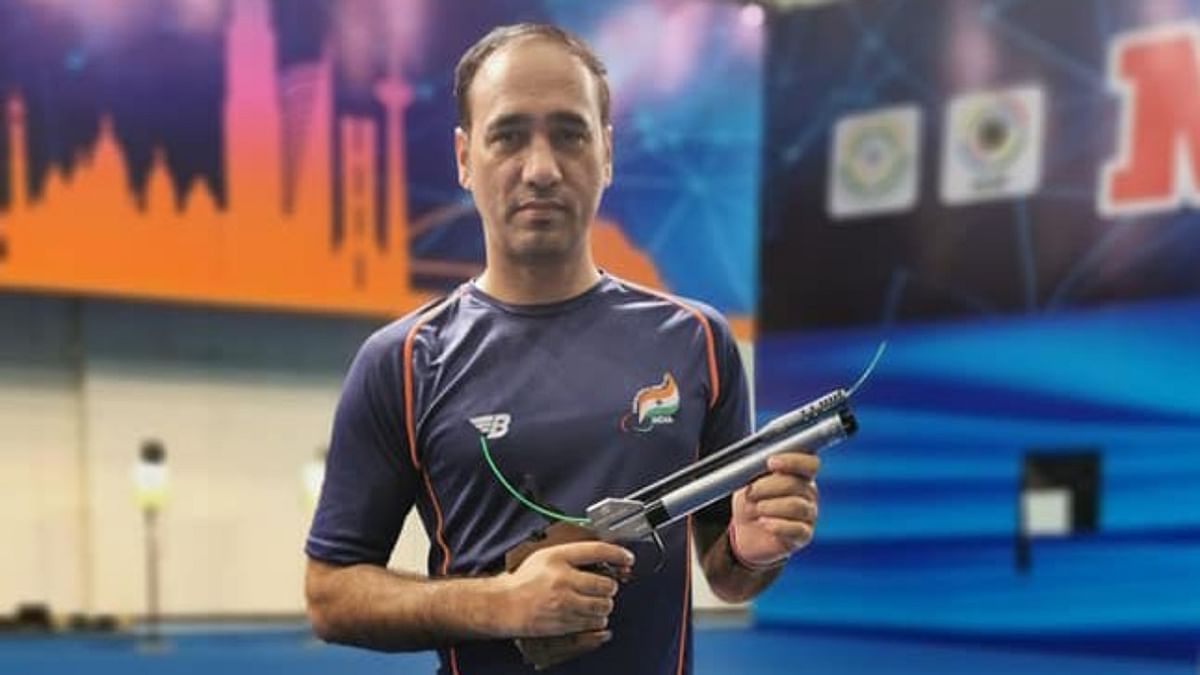 Indian shooter Singhraj Adhana won the bronze medal in men's 10m Air Pistol SH1 and a silver in P4 Mixed 50m Pistol SH1 at Tokyo Paralympics. Credit: Twitter/PTI