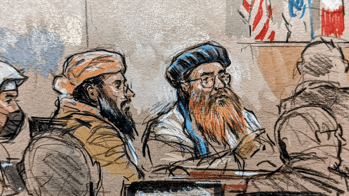 This courtroom sketch screened by US Military officials on September 7, 2021 shows accused September 11, 2001 mastermind Khalid Sheikh Mohammed (R) along with co-defendents Ramzi bin al-Shibh (L) and Walid bin Attash (C) appearing for a pretrial hearing at the military commissions court at the US naval base in Guantanamo, Cuba. Credit: AFP Photo