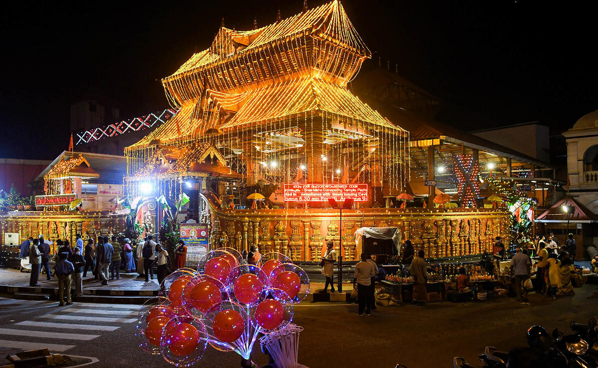 The Pazhavangadi Maha Ganapati temple illuminated on the eve of Ganesh Chaturthi festival in Thiruvananthapuram, Kerala. Credit: PTI Photo