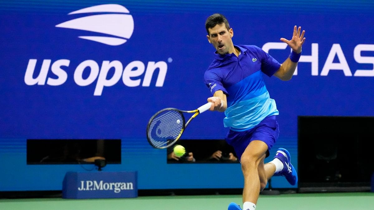 Novak Djokovic of Serbia hits a forehand against Alexander Zverev of Germany in the US Open men's semifinal match. Credit: USA Today Sports