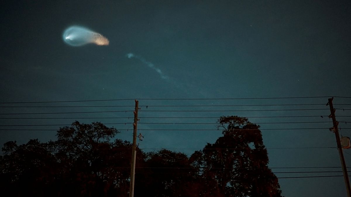 The Inspiration4 civilian crew aboard a Crew Dragon capsule and SpaceX Falcon 9 rocket are seen in the sky upon launching from the Kennedy Space Center in Cape Canaveral, Florida. Credit: Reuters Photo