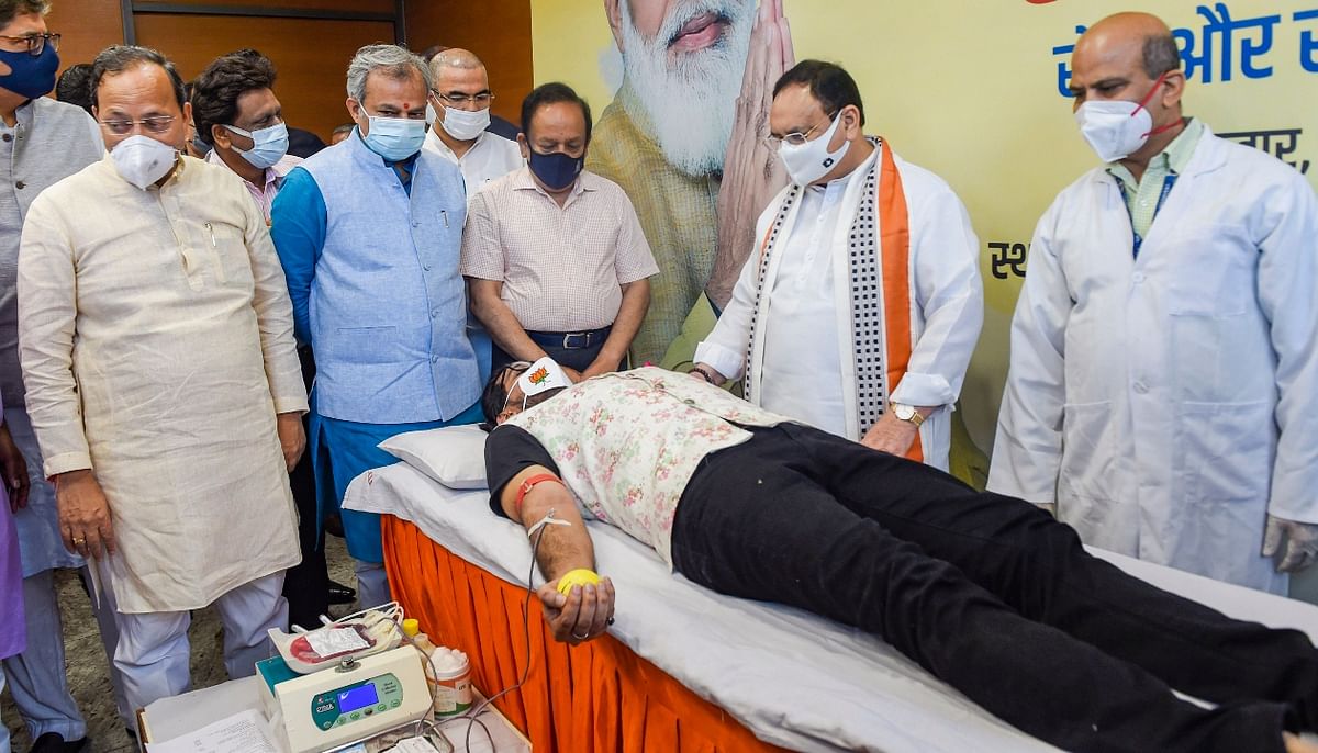 BJP National President J P Nadda at a blood donation camp as part of ‘Seva aur Samarpan Abhiyan’ on the occasion of 71st birthday of PM Narendra Modi, in New Delhi. Credit: PTI Photo