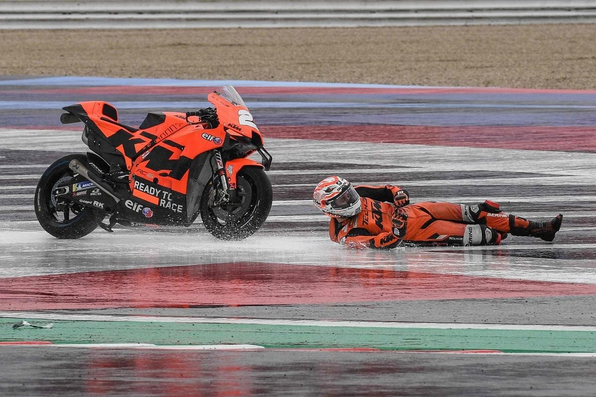 KTM-Tech3 Spanish rider Iker Lecuona falls during the second free practice session ahead of the San Marino MotoGP Grand Prix at the Misano World Circuit Marco-Simoncelli. Credit: AFP Photo