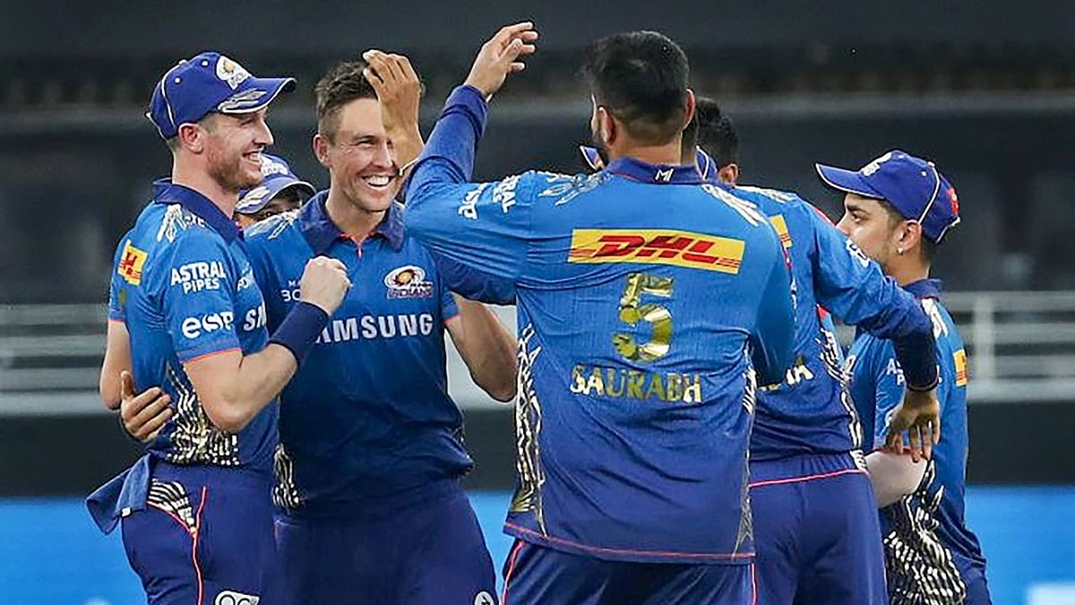 Trent Boult of Mumbai Indians (MI) celebrates the wicket of Faf du Plessis of Chennai Super Kings (CSK). Credit: PTI Photo