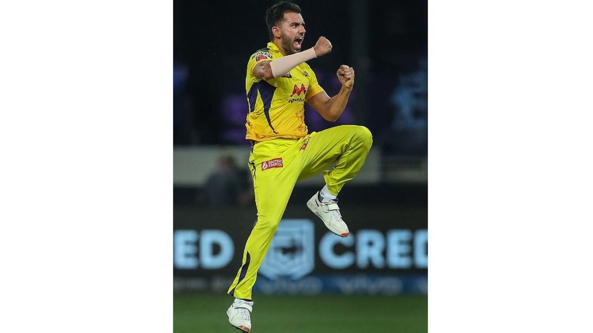 Deepak Chahar of Chennai Super Kings (CSK) reacts after taking a wicket during their IPL 2021 cricket match against Mumbai Indians (MI). Credit: PTI Photo