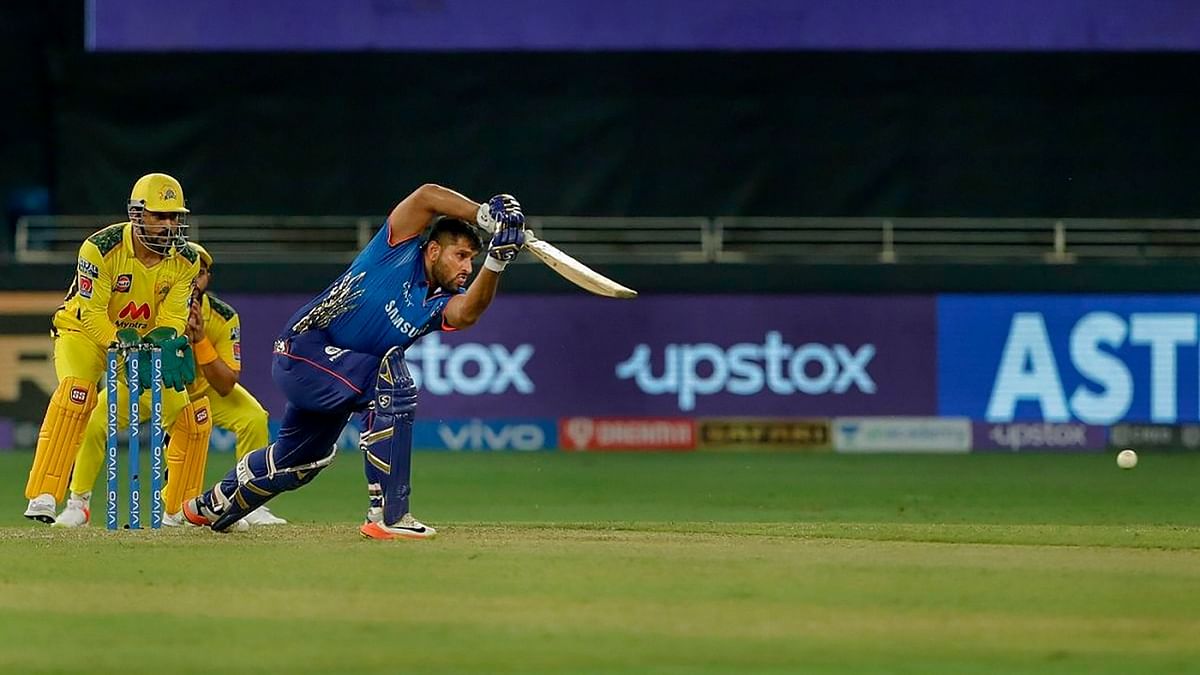 Saurabh Tiwary of Mumbai Indians (MI) plays a shot during their IPL 2021 cricket match against Chennai Super Kings (CSK). Credit: PTI Photo