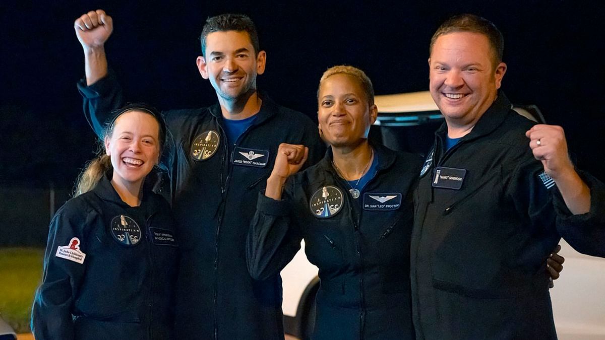 Passengers aboard a SpaceX capsule, from left to right, Hayley Arceneaux, Jared Isaacman, Sian Proctor and Chris Sembroski pose after the capsule was recovered following its splashdown in the Atlantic off the Florida coast. The all-amateur crew was the first to circle the world without a professional astronaut. Credit: AP/PTI