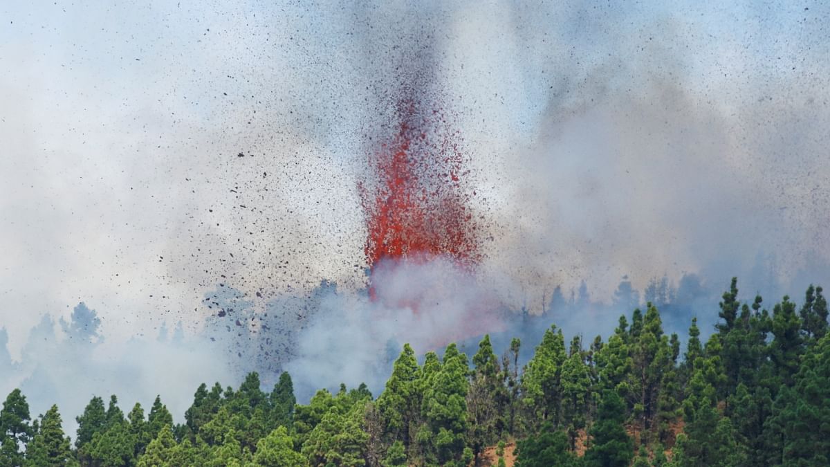 The explosion took place in an area known as Cabeza de Vaca on the western slope of the volcanic ridge as it descends to the coast. Tinges of red could be seen at the bottom of the black jets that shot rocks into the air. Credit: Reuters Photo