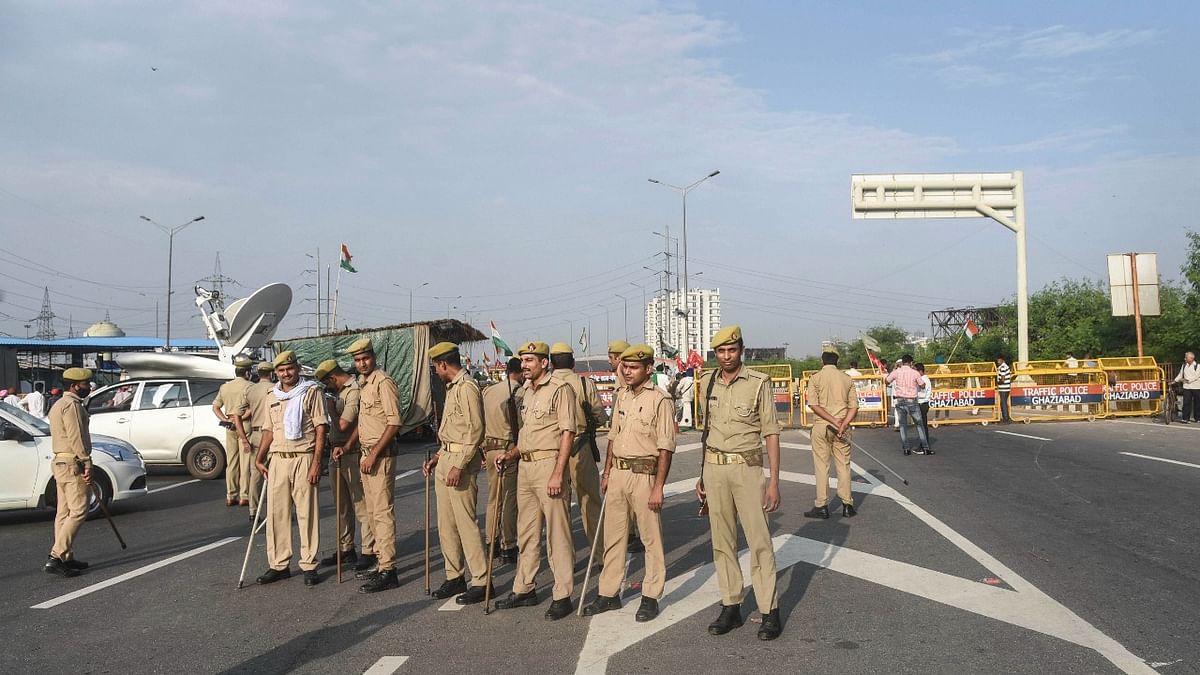 In the national capital, security was beefed up around the Ghazipur border during the Bandh. Credit: PTI Photo