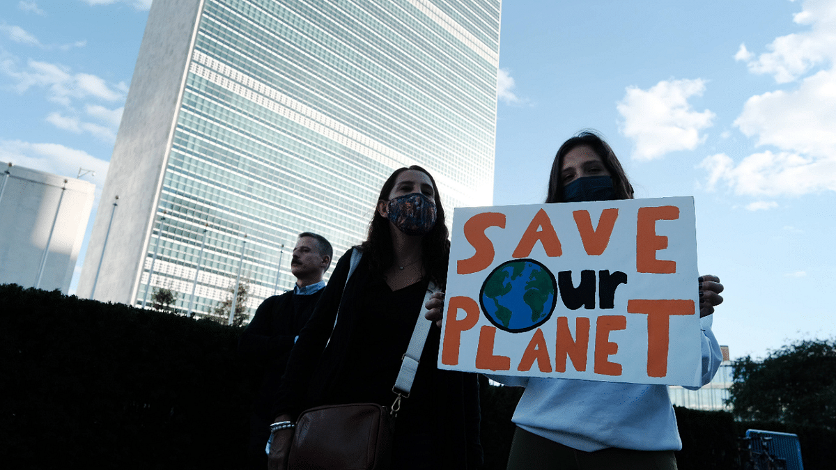 A group of students take part in a protest in support of the climate and against fossil fuel and other contributors to global warming in front of the United Nations (UN) in Manhattan. Credit: AFP Photo