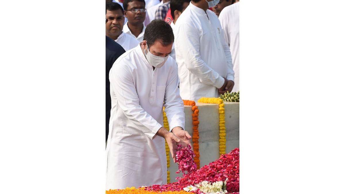 Congress leader Rahul Gandhi pays homage to Mahatma Gandhi on the occasion of his birth anniversary, at Rajghat in New Delhi. Credit: PTI Photo