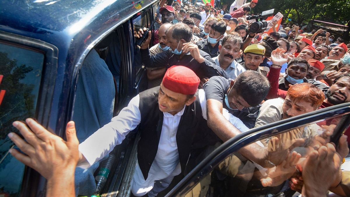 Samajwadi Party (SP) president Akhilesh Yadav was detained as he sat on a dharna outside his Vikramaditya Marg residence in Lucknow after he was not allowed to go to Lakhimpur. Credit: PTI Photo