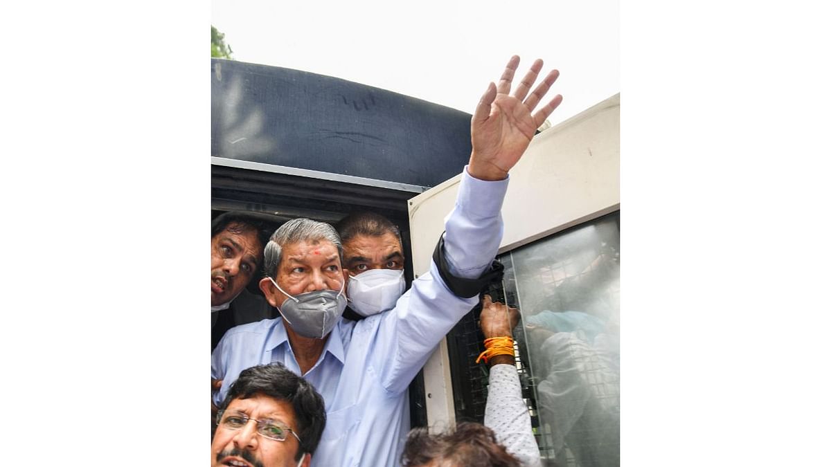 AICC General Secretary Harish Rawat was detained while staging a protest against the killing of farmers at Lakhimpur Kheri, in Dehradun. Credit: PTI Photo