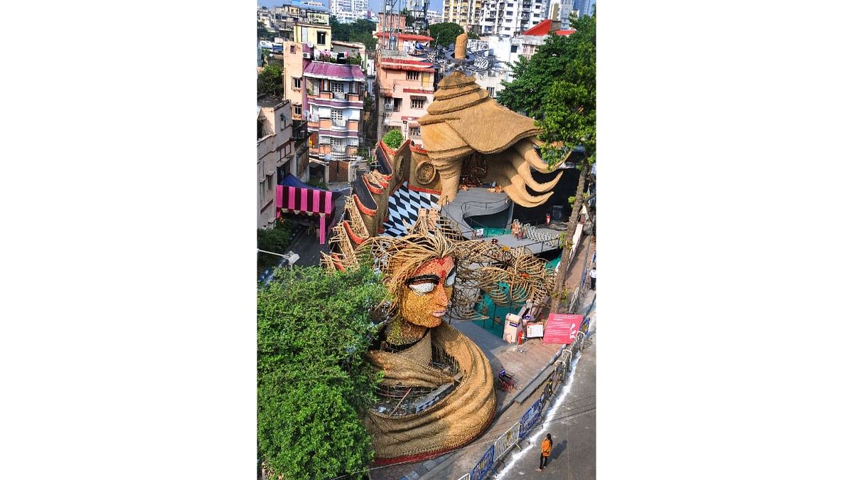 A general view of a community Durga Puja pandal based on the theme of 'Women Empowerment' in Kolkata. Credit: PTI Photo