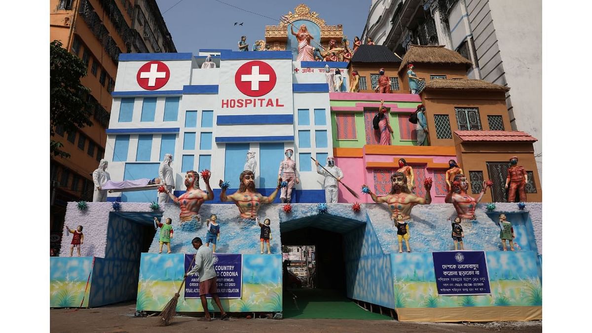 A puja pandal themed on Covid-19 hospital in Kolkata. Credit: Reuters Photo