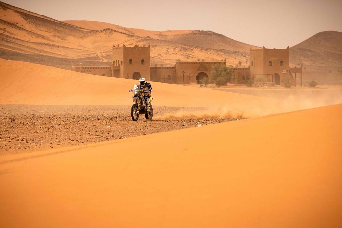 A rider competes during the Rally of Morocco 2021 in Drâa-Tafilalet region. Credit: AFP Photo
