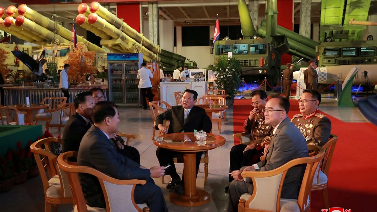 Kim Jong Un at the Defence Development Exhibition, in Pyongyang, North Korea. Credit: KCNA via Reuters