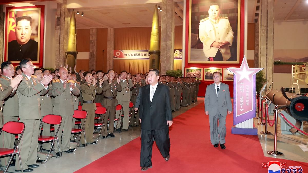 Kim Jong Un gets a red carpet welcome at the Defence Development Exhibition, in Pyongyang, North Korea. Credit: KCNA via Reuters