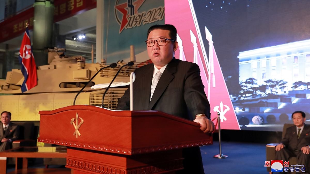 Kim Jong Un speaks at the Defence Development Exhibition, in Pyongyang, North Korea. Credit: KCNA via Reuters