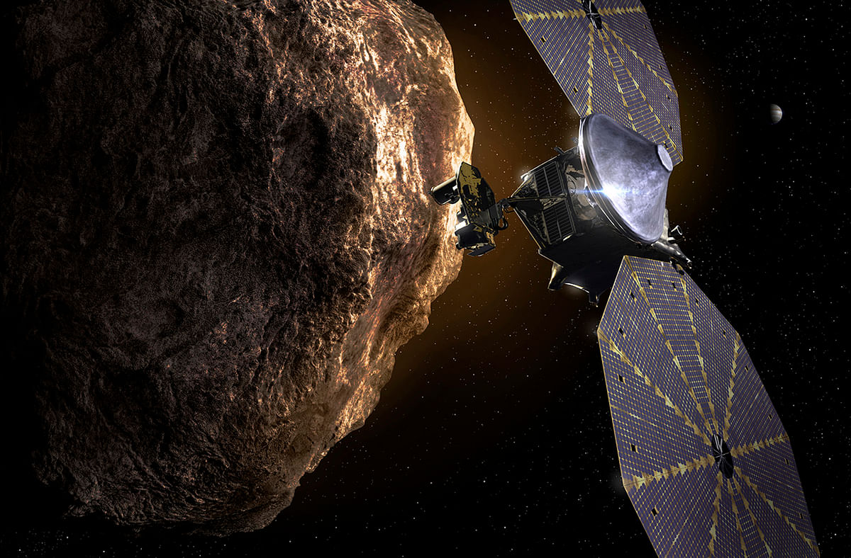 This image provided by the Southwest Research Institute depicts the Lucy spacecraft approaching an asteroid. Credit: AP Photo