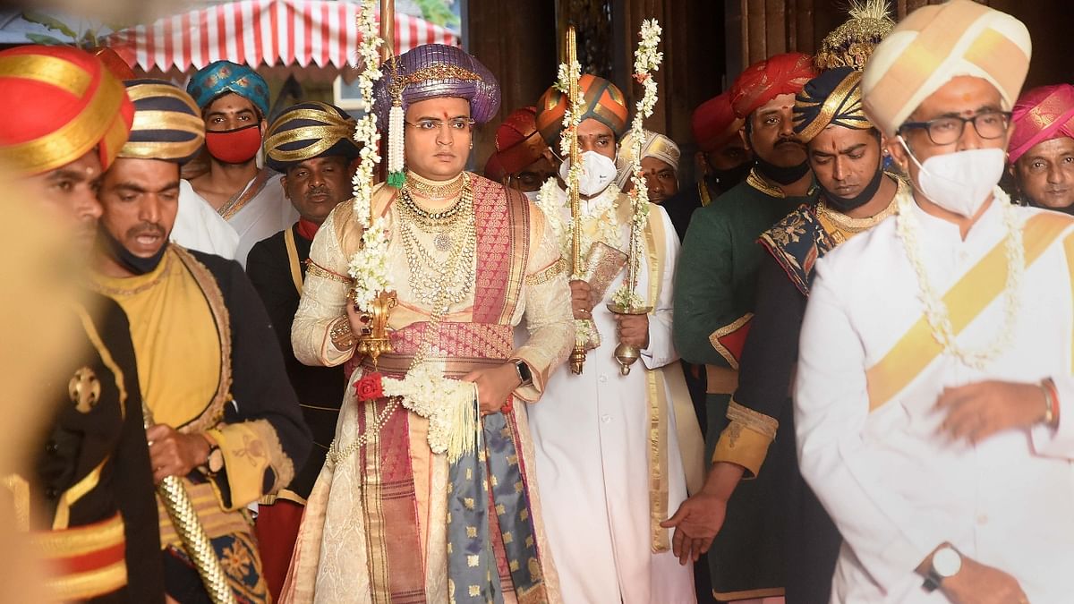 Scion of the Mysore royal family Yaduveer Krishnadatta Chamaraja Wadiyar performs 'shami pooja' at Bhuvaneshwari temple in the Mysuru Palace. Credit: PTI Photo