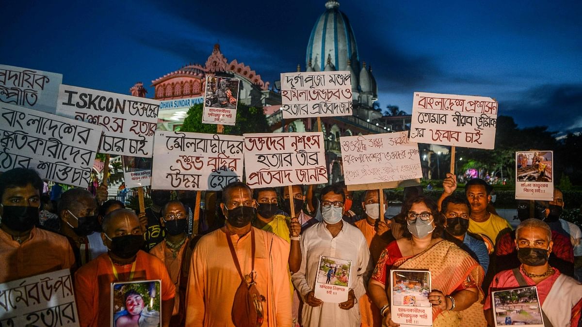 ISKCON members stage a protest against the attack on devotees in Bangladesh