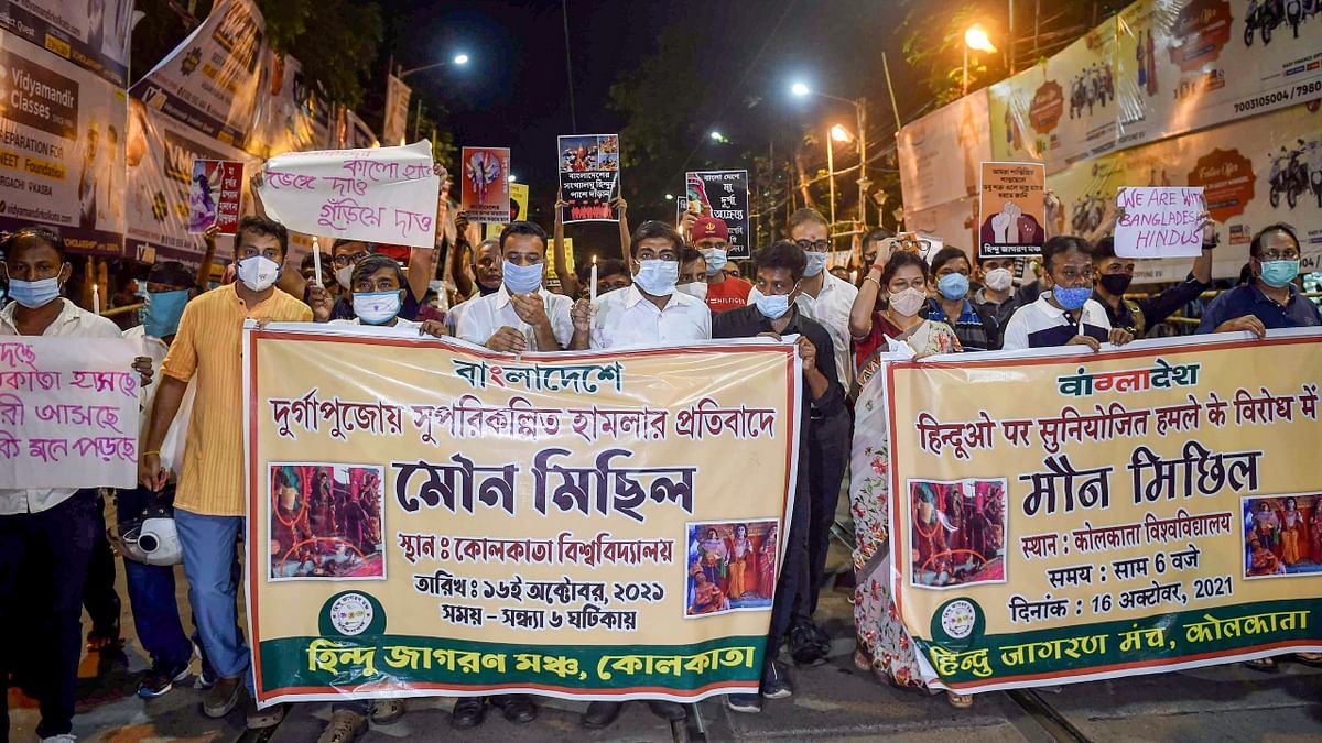 Members of ISKCON across the nation staged a protest against the alleged attack on its temple in Bangladesh, reportedly leaving one person dead and many injured. Credit: PTI Photo