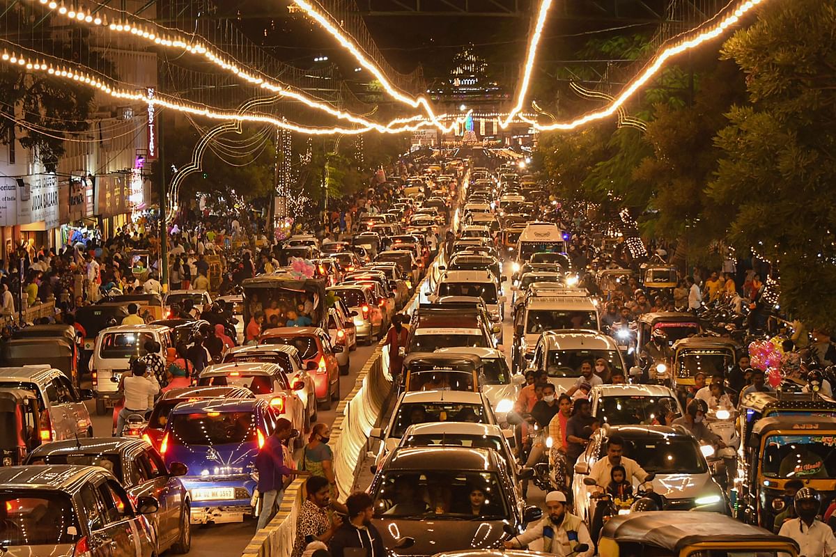 Massive traffic jam on the illuminated road in Mysuru. Credit: PTI Photo