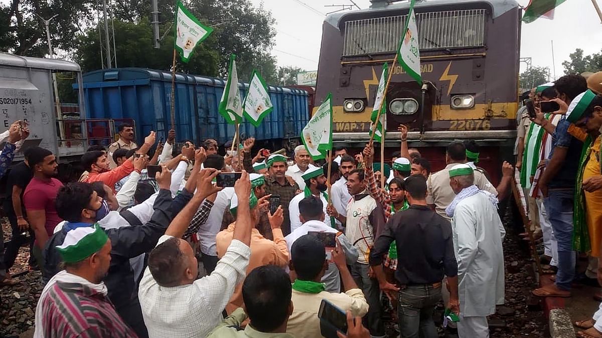 The New Delhi-Amritsar Shatabdi Express was halted near Shambu station as protesters blocked railway tracks near Sahnewal and Rajpura. Credit: PTI Photo