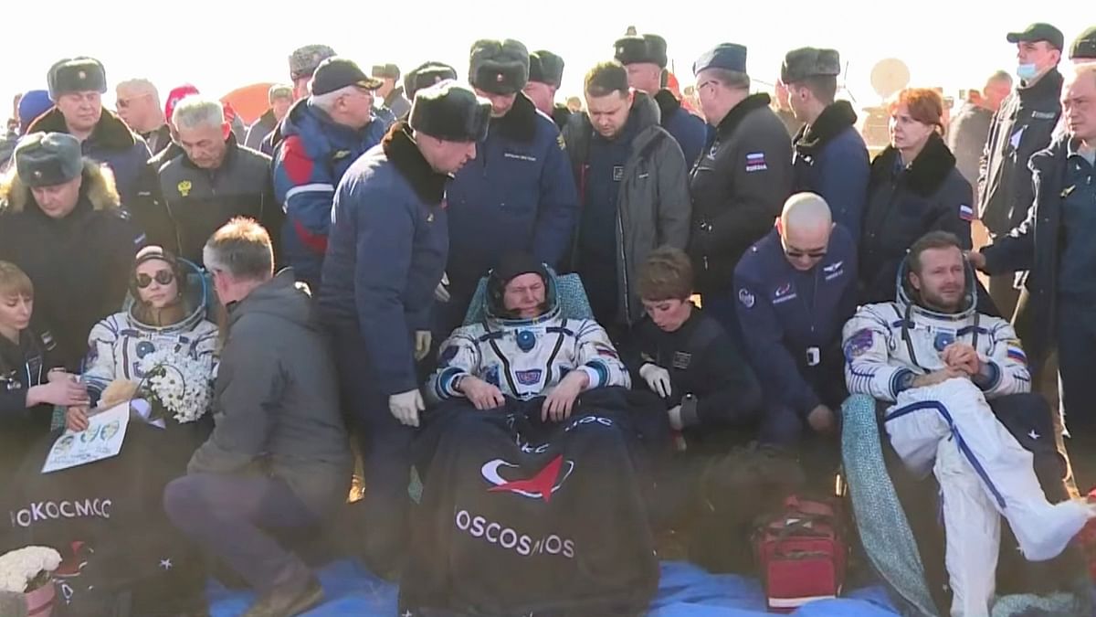Peresild, Shipenko and Oleg Novitsky, a Russian astronaut who’s been on the station since April and played the role of the film’s ailing cosmonaut, bid farewell to the station’s crew of seven. The crew’s trip home took about three hours before landing at 10:35 a.m. local time in the desert steppe of Kazakhstan’s Karaganda Region. Credit: Russian Space Agency Roscosmos/Reuters Photo