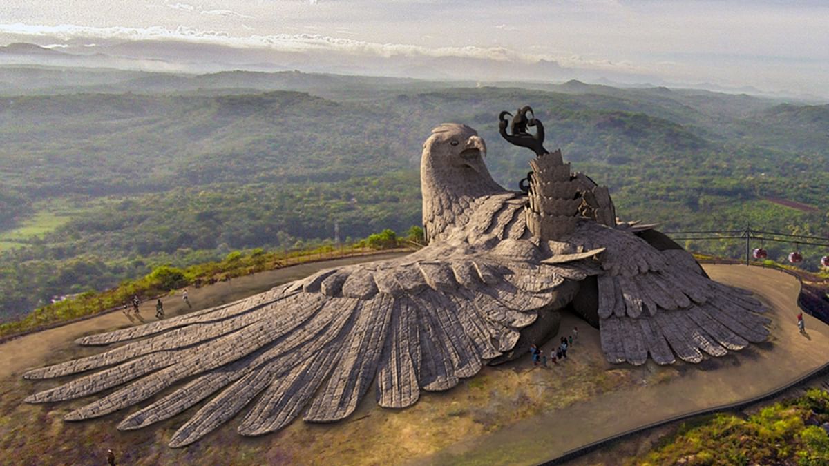 The largest bird sculpture in the world, this massive statue is 200 feet long, 150 feet wide and 70 feet tall and is built on a mighty rock named Jatayupara. Credit: Jayadevan Vayala