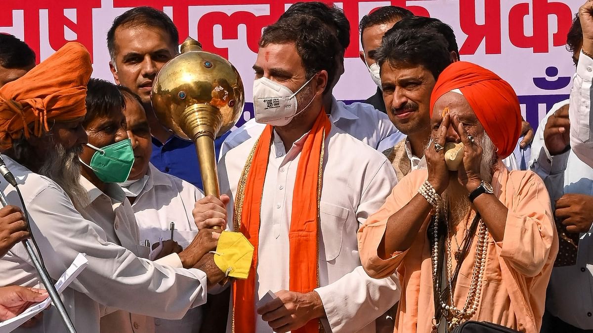 Former Congress chief Rahul Gandhi flagged off of the 'Shobha Yatra' on the occasion of the birth anniversary of Maharishi Valmiki, who authored the Ramayana, in New Delhi on October 20, 2021. Credit: AFP Photo
