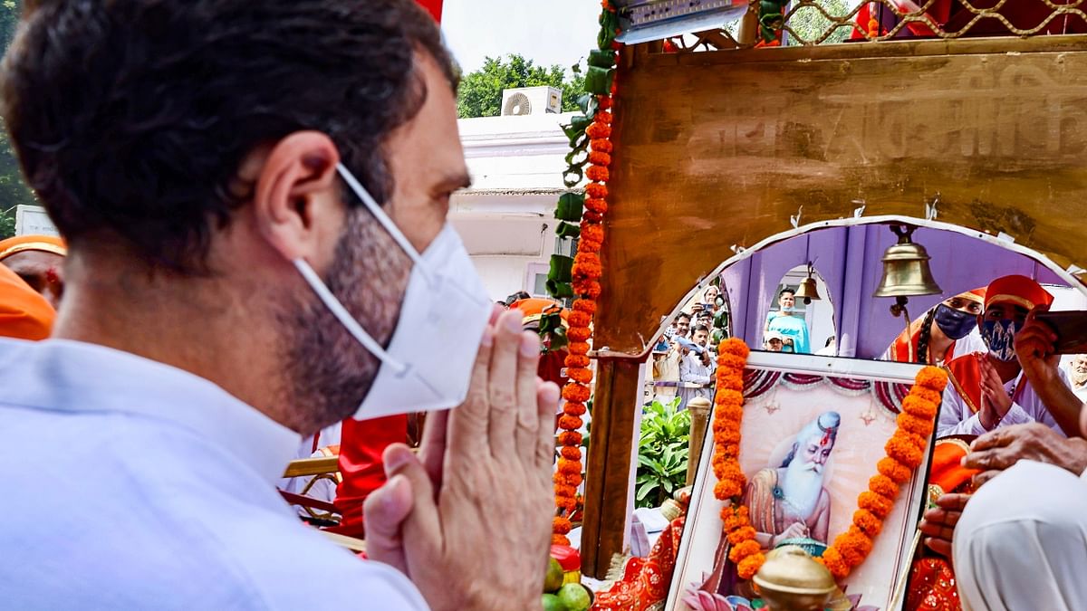 Rahul offered prayers to Maharishi Valmiki before addressing the gathering. He said the Indian Constitution was based on Valmiki's ideology. Credit: PTI Photo