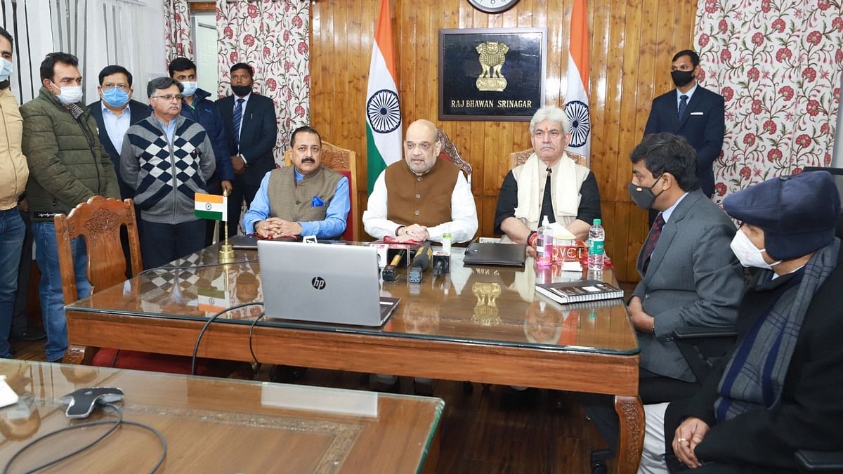HM Amit Shah later chaired a meeting to review the security situation in the Valley. Shah also flagged off the inaugural Srinagar-Sharjah direct flight and interacted with members of a youth club in Srinagar. Credit: Twitter/@AmitShah