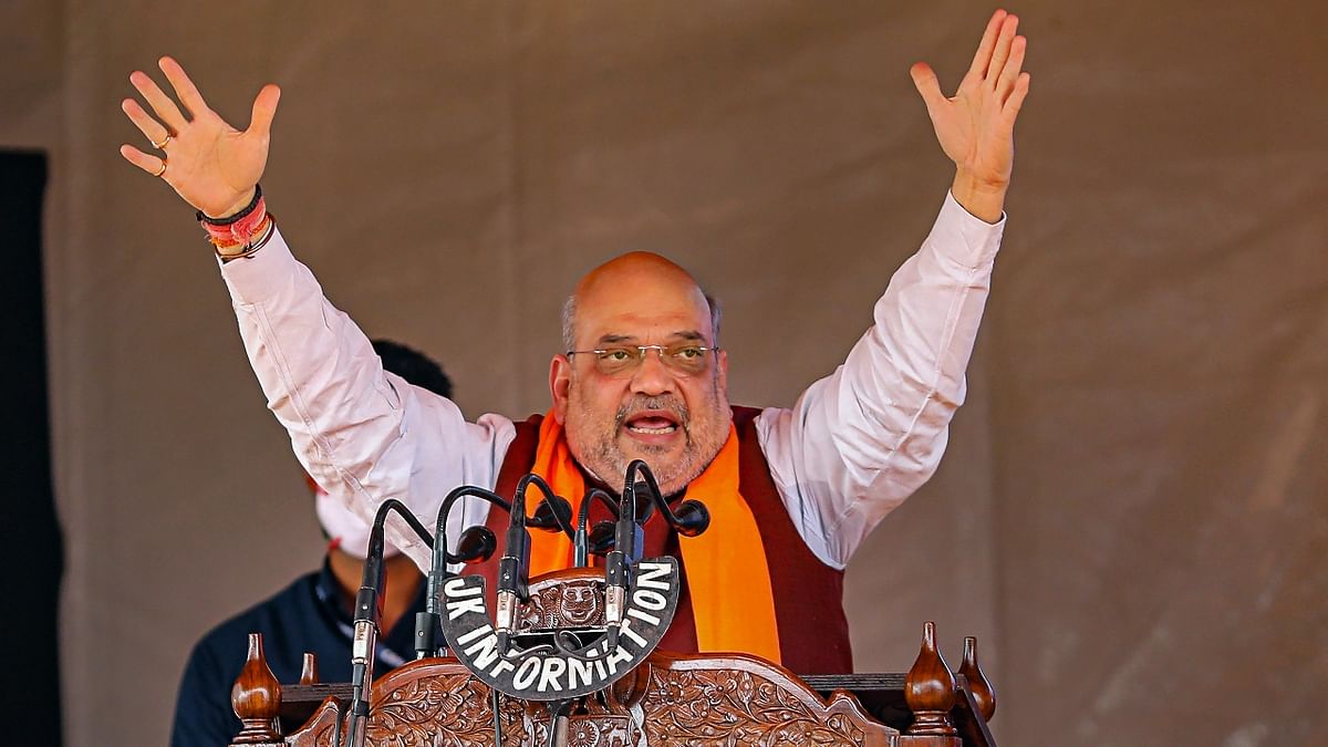 Shah addressed a public rally in Bhagwati Nagar area of Jammu on October 24,2021. At the rally he said that nobody will be allowed to scuttle peace, progress and prosperity in Jammu and Kashmir. Credit: PTI Photo