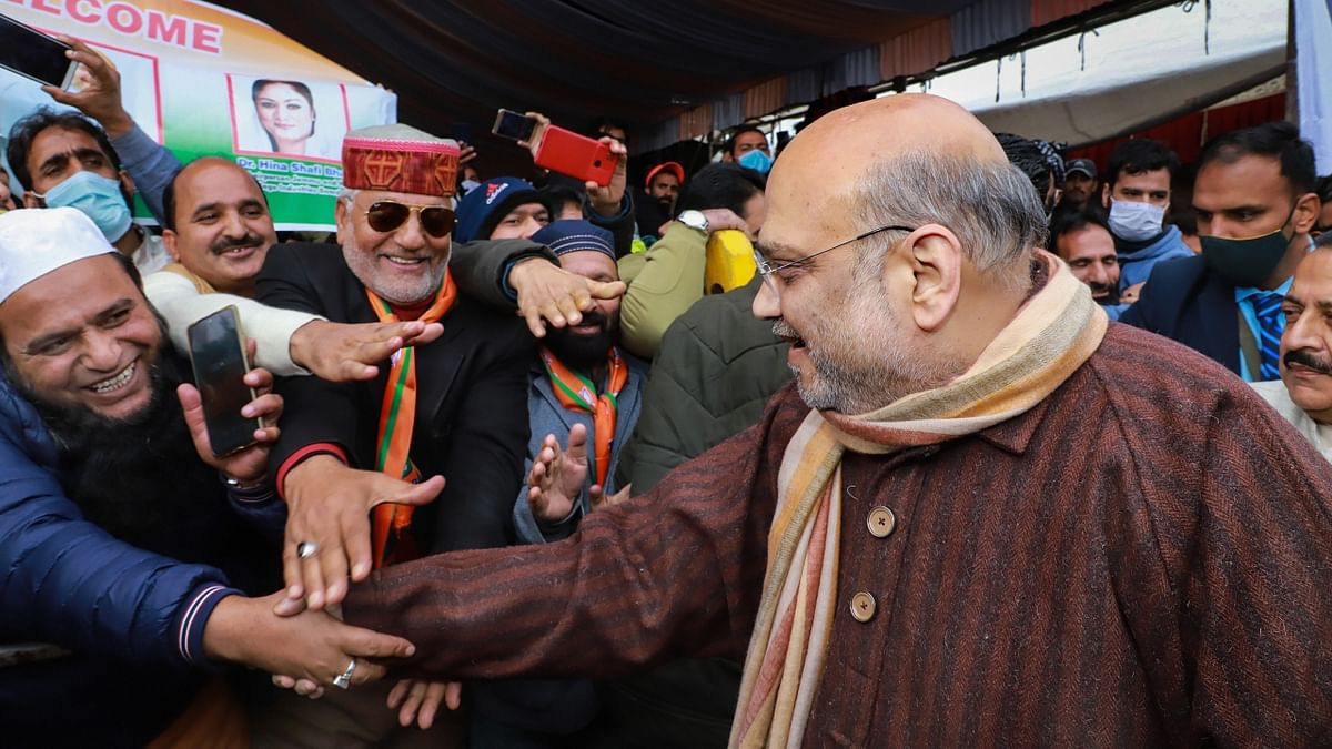 He was greeted by supporters on his arrival for a public meeting, in Srinagar. Credit: Twitter/@AmitShah