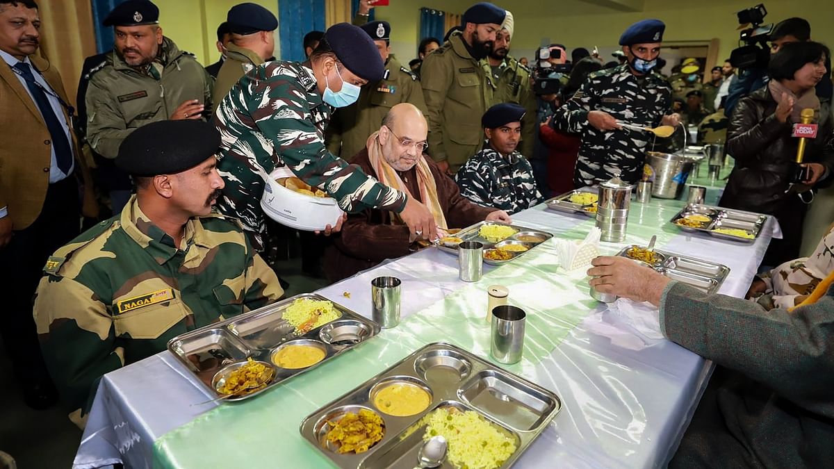 Union Home Minister Amit Shah decided to extend his 3-day visit to J&K in order to spend the night with CRPF troopers at the martyr’s memorial in Pulwama district. Credit: MHA