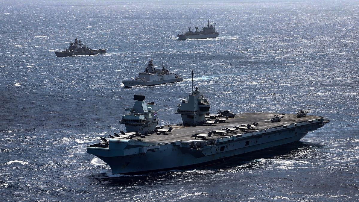 The UK's Carrier Strike Group (CSG) led by its largest warship HMS Queen Elizabeth and several other frontline ships of the two navies are participating in the week-long 'Konkan Shakti' exercise that began on October 21. Credit: PTI Photo